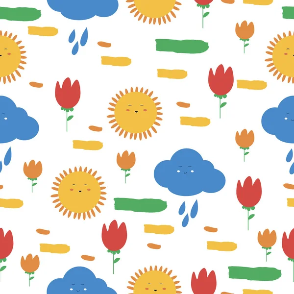 Summer Seamless Pattern Vector Illustration Sun Rain Flower Trendy Flat — Stock Vector