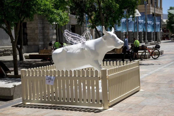 Perth, Australia Occidental, noviembre de 2016: Vaca blanca alada en la escultura del festival de la vaca de Perth, Forest Place — Foto de Stock