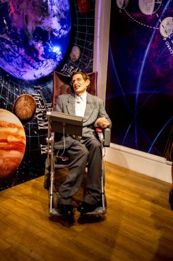 London, England, April 2017: Stephen Hawking wax figure in Madame Tussaud museum  clipart