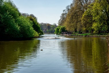 Londra, İngiltere, Nisan 2017: St James's Parkı Gölü bir çeşme ile bir görünüm