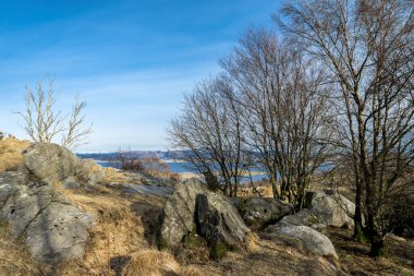Tepedeki kayalar ve çıplak ağaçlar Tananger banliyösünde kısa bir yürüyüş yaparken arka planda Hafrsfjord manzaralı, Norveç, Mart 2018
