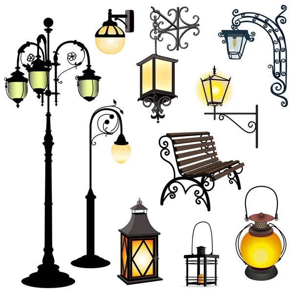 Set of different lanterns and bench — Stock Vector