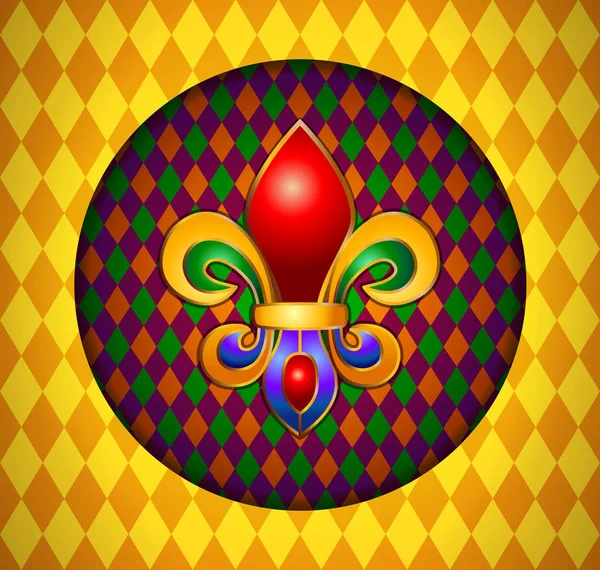 Insignia de emblema del festival Mardi Gras decoración de oro en colorido bac — Vector de stock