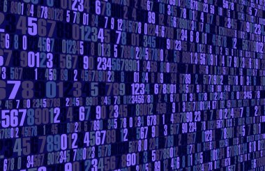 İnternet ve matris konularında arkaplan mavisi çok renkli sayılar soyutlaması.