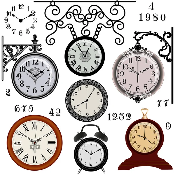 Set Vintage Clocks Dials Arrow Figures Number Isolated — Stock Vector