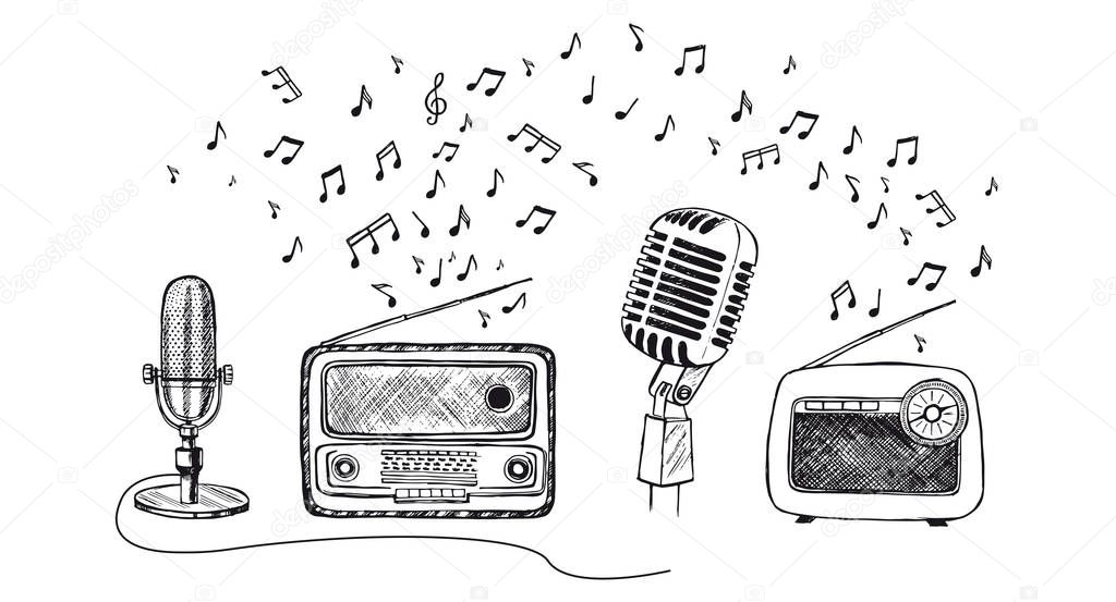 World Radio Day. Retro microphone sketch. Hand drawn illustration. Vector.