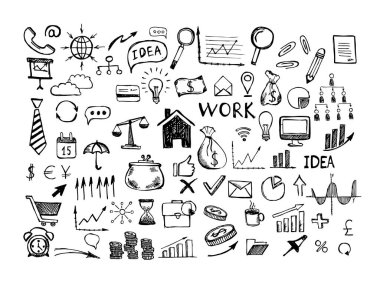 İş sembolleri. Doodle tasarım tarzında yönetim konsepti. El çizimi illüstrasyon. 