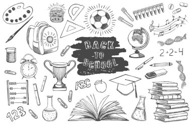 Okula dönüş çizim seti. El çizimi illüstrasyon.