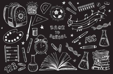 Okula dönüş çizim seti. El çizimi illüstrasyon.