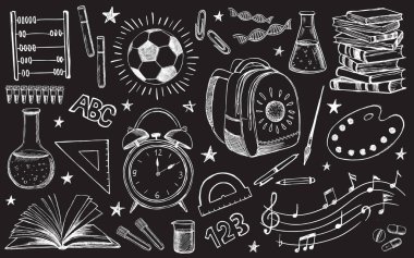 Okula dönüş çizim seti. El çizimi illüstrasyon.