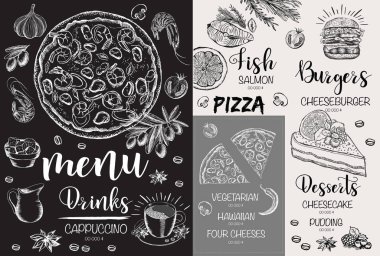 Kahve evi. Restoran kafe menüsü. El çizimi resimli tasarım şablonu.