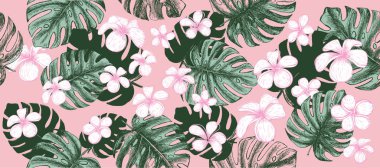 Tropik yapraklar pembe arka plan. El çizimi illüstrasyon.