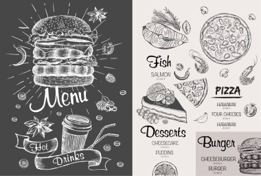 Menü restoran broşürü. El çizimi grafikli el ilanı.