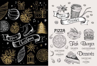 Noel menüsü. El çizimi çizimi. Çizim çizimi. Vektör.