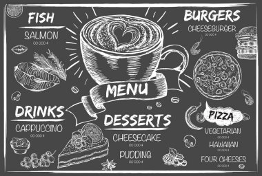 Menü restoran broşürü. El çizimi grafikli el ilanı.