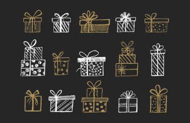 Hediye kutusunun karalama simgeleri. El çizimi ögeler.