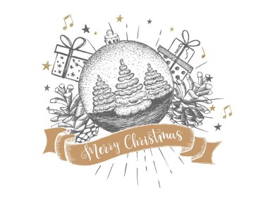 Tebrik kartı. Noel oyuncakları. El çizimi illüstrasyon.