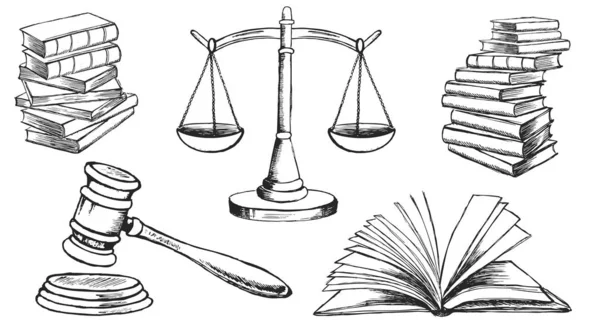 Símbolos Lei Definidos Escalas Vetor Desenhado Mão —  Vetores de Stock