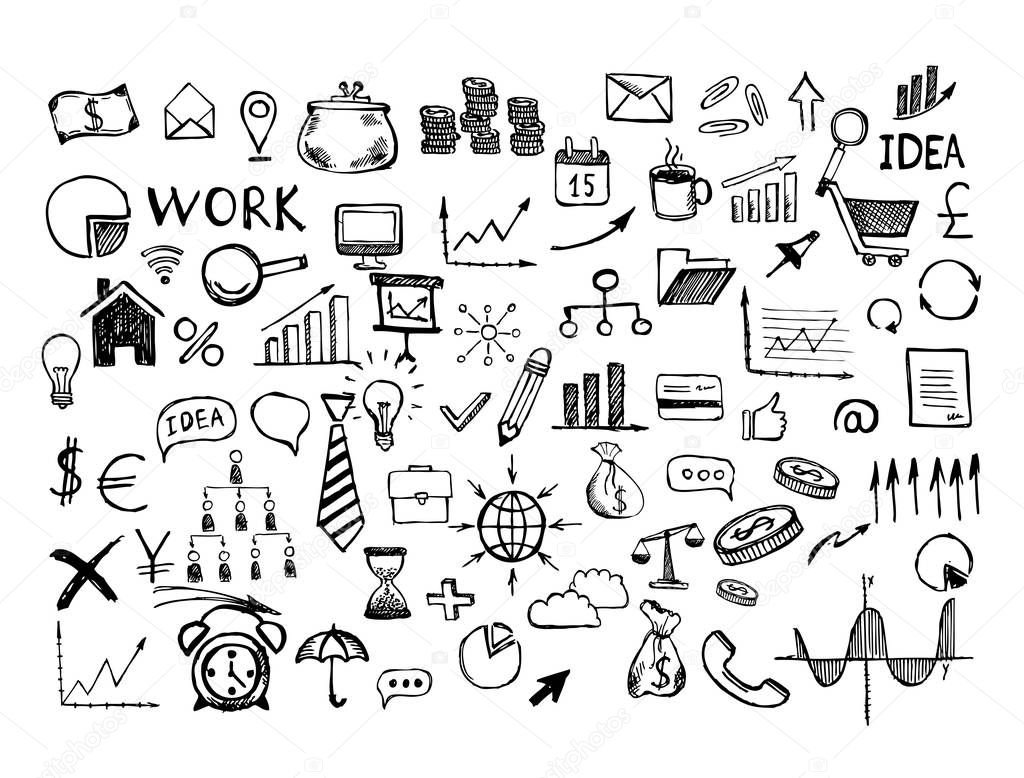 Business symbols. Hand drawn illustration. Management concept with Doodle design style.