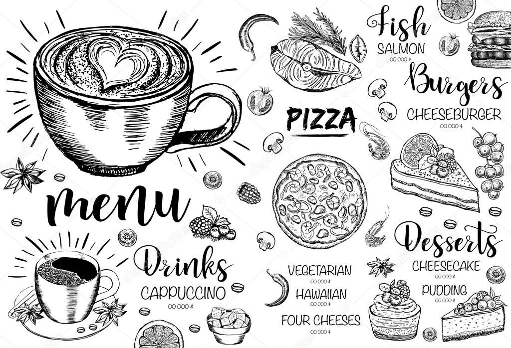 Menu restaurant brochure. Flyer with hand-drawn graphic.
