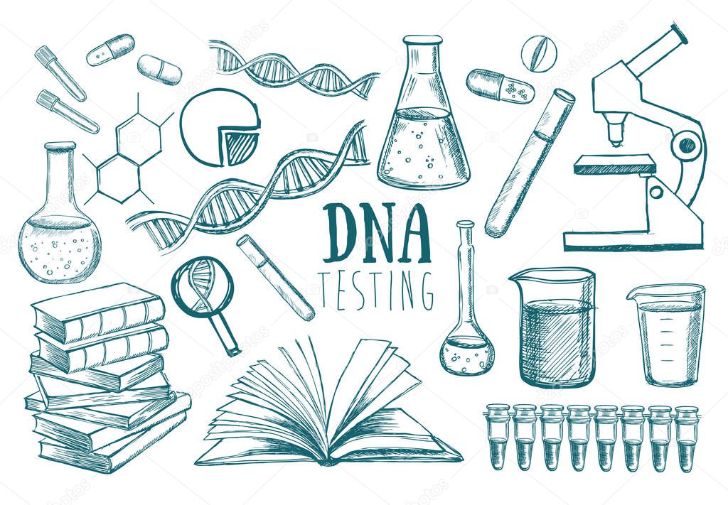 Medicinal laboratory. DNA testing. Hand drawn illustration.