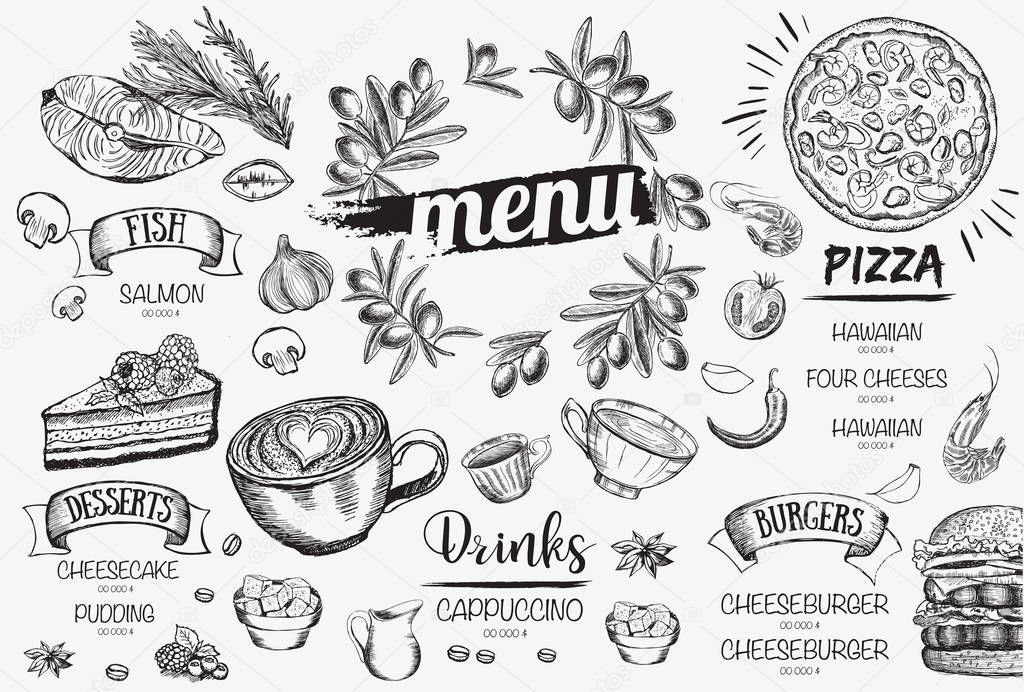 Restaurant template design. Menu. Hand drawn illustration.