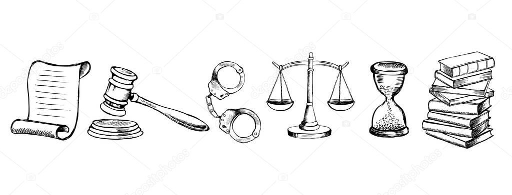 Law symbols set. Scales vector hand drawn.