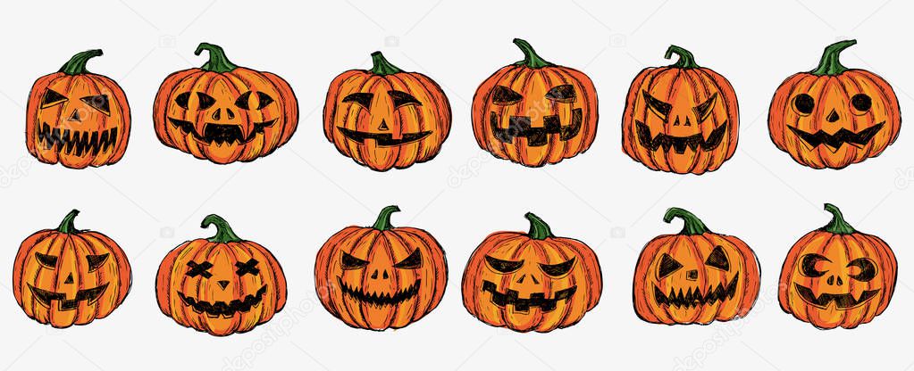 Halloween pumpkins set. Hand drawn illustration.