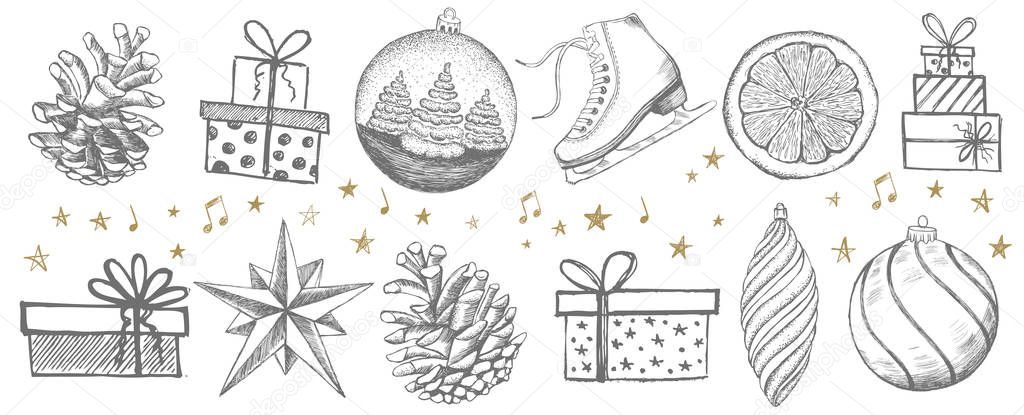 Christmas and New Year set, hand drawn illustration.