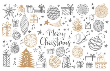 Noel ve Yeni Yıl seti. El çizimi illüstrasyon.