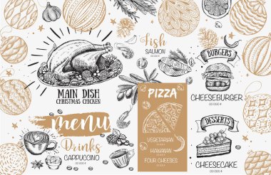 Noel menüsü. El çizimi çizimi. Çizim çizimi. Vektör.