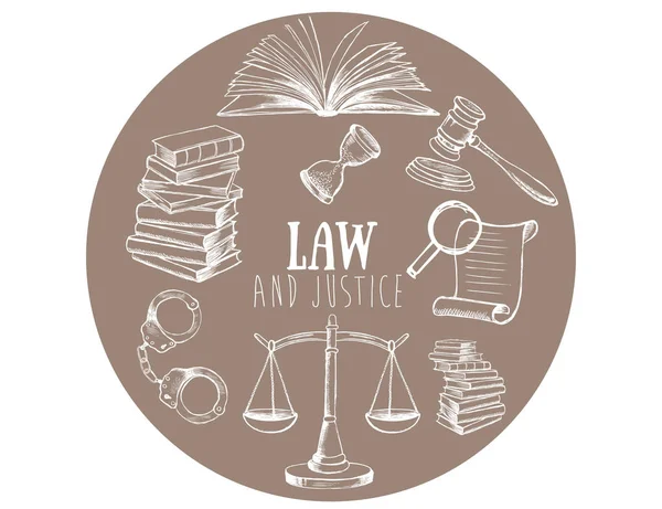 Set Icone Legge Giustizia Illustrazione Disegnata Mano — Vettoriale Stock