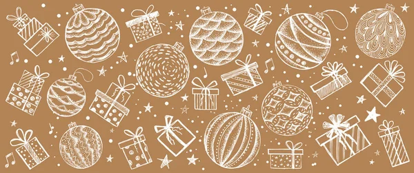 Grußkarte Vorhanden Weihnachtsspielzeug Handgezeichnete Illustration — Stockvektor