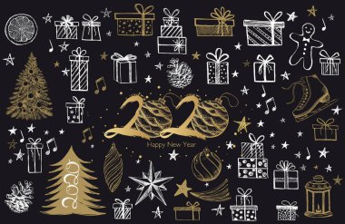 Noel çöreği koleksiyonu. Mutlu Noeller ve yeni yıl seti. El çizimi illüstrasyon.