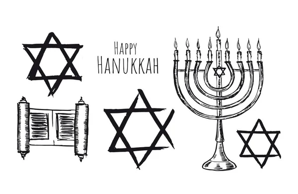 Glad Chanukkah Uppsättning Handritad Illustration — Stock vektor