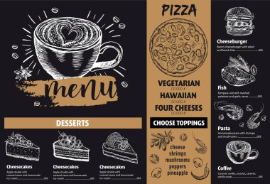 Menü kafe. Restoran menüsü tasarımı. Vektör yemek broşürü.