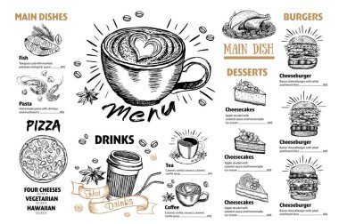 Restoran kafe menüsü, şablon tasarımı. El çizimi grafikli el ilanı.
