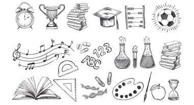 Okula geri dön. El çizimi set.