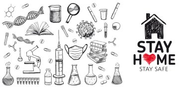 Evde kal. Çizimlerde dikkatli ol. Karantinaya alın. Pandemik koronavirüs. Coronavirus, DNA, kan testi. Laboratuvar araştırma vektörü el çizimi simgeleri.
