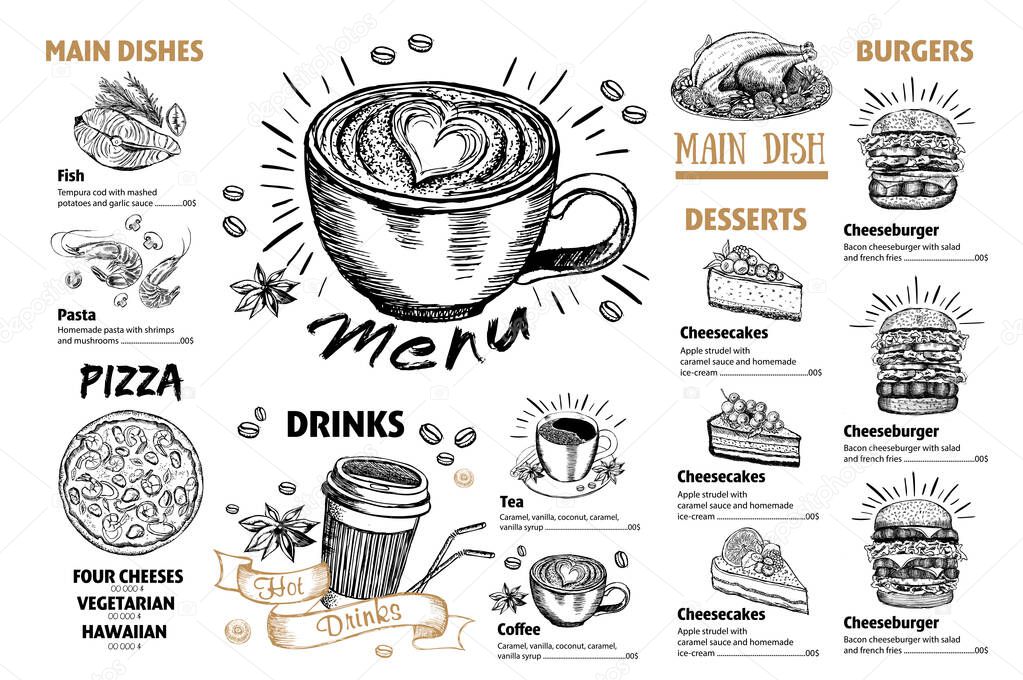 Restaurant cafe menu, template design. Flyer with hand-drawn graphic.