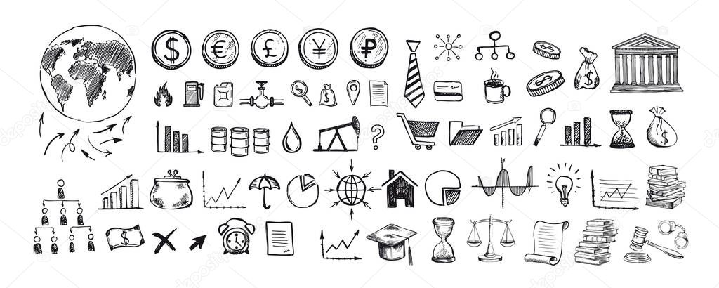 Hand drawn business symbols. Management concept with Doodle design style.