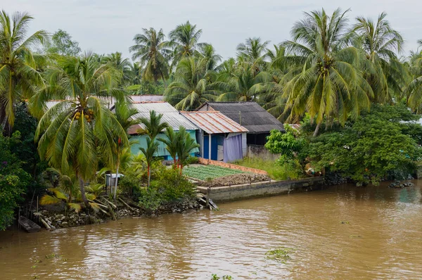 Casas de zancos junto al río en el delta del Mekong — Foto de Stock