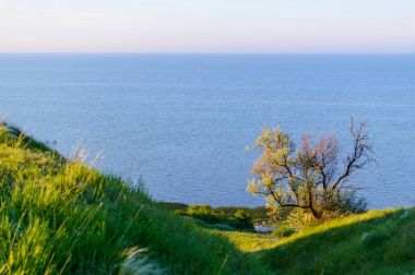 Güzel manzaralı bir sahil ve deniz arka plan ile,