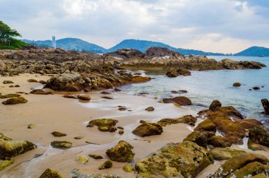 Kayalık plaj gün batımında. Güzel altın gün batımında kayalık sahil. Seçici odak