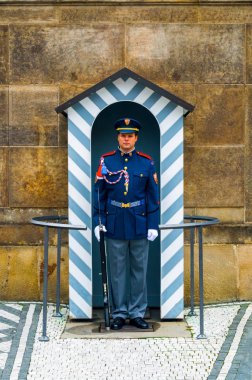 Prague, Çek Cumhuriyeti - 21 Eylül 2013: castle guard adam görev yayında askeri üniformalı. Güvenlik, savunma, onur, töreni kavramı