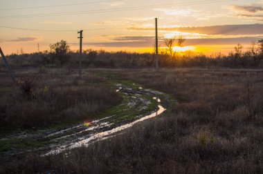 Toprak yolun eğimli, tekerlek izleri alanında su basmış