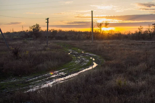 The bend of the dirt road, the ruts are flooded with water in the field — Stock Photo, Image