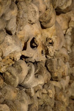 Yeraltı mezarlığı, Paris, Fransa. Bunlar yeraltı ossuaries ve turistik gösterir. Fransa, Paris, 07 Ekim 2014