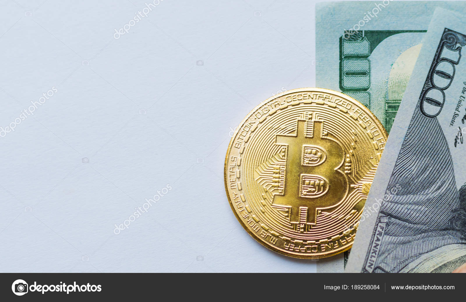 Golden Bitcoins On Us Dollars Digital Currency Close Up New - 