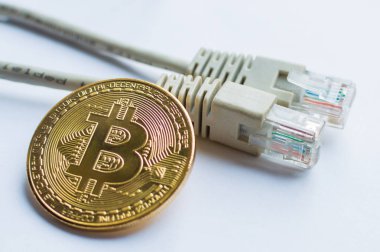 Bitcoin altın sikke ve ağ yama kablosu kablo konektörleri tel